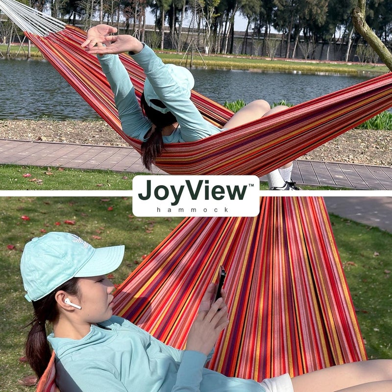 JoyView Brazilian Double Hammock with Hanging Ropes Extra Large 86.6x59” Portable Cotton Hammock for Patio Backyard Porch 450LBS Weight Capacity Perfect for Outdoor/Indoor - Green/Black Stripe - Image 5